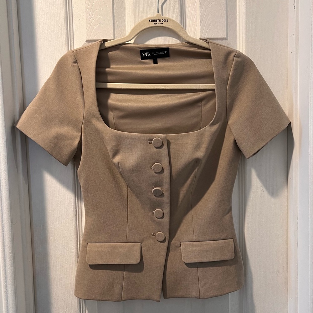 Zara Taupe Short Sleeve Square Neck Button Blouse